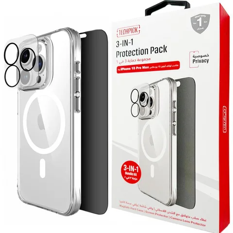 Techpick 3-in-1 Protection Pack MagSafe Hard Case + Privacy Tempered Glass + Camera Lens Protector Smartphone Case Bundle