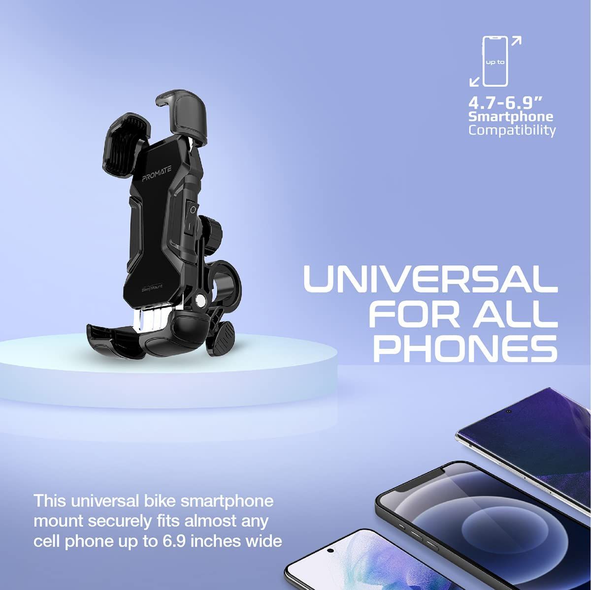 Promate Motorcycle Phone Holder, Adjustable 360 Degree Rotation Bike Phone Mount with Secure Quick-Clamp, Silicone Slip-Proof Grip, Quick Locking System and Reduced Vibration, BikeMount Black — view 4