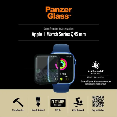 PanzerGlass Super+ Glass, Black Smartwatch Screen Protector for Apple Watch Series 9 45/Watch Series 8 45/Watch Series 7 45