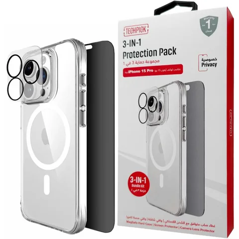 Techpick 3-in-1 Protection Pack MagSafe Hard Case + Privacy Tempered Glass + Camera Lens Protector Smartphone Case Bundle