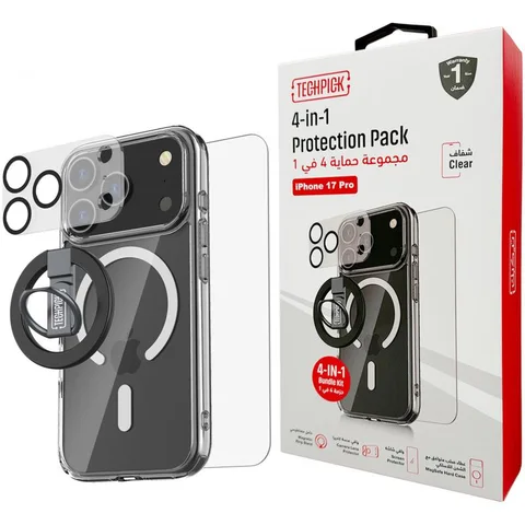 Techpick 4-in-1 Protection Pack MagSafe Hard Case + Tempered Glass + Camera Lens Protector + Magnetic Stand Smartphone Case Bundle