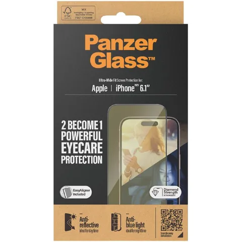 PanzerGlass Ultra-Wide Fit Tempered Glass, Anti-reflective, Anti-bluelight Smartphone Screen Protector for iPhone 15