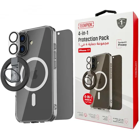 Techpick 4-in-1 Protection Pack Clear Case + Privacy Tempered Glass + Camera Lens Protector + Magnetic Stand Smartphone Case Bundle