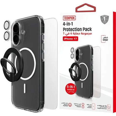 Techpick 4-in-1 Protection MagSafe Hard Case + Tempered Glass + Camera Lens Protector + Magnetic Stand Smartphone Case Bundle