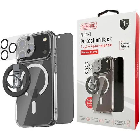 Techpick 4-in-1 Protection Pack Clear Case + Privacy Tempered Glass + Camera Lens Protector + Magnetic Stand Smartphone Case Bundle