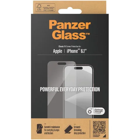 PanzerGlass Classic Fit Tempered Glass, Clear Smartphone Screen Protector for iPhone 15