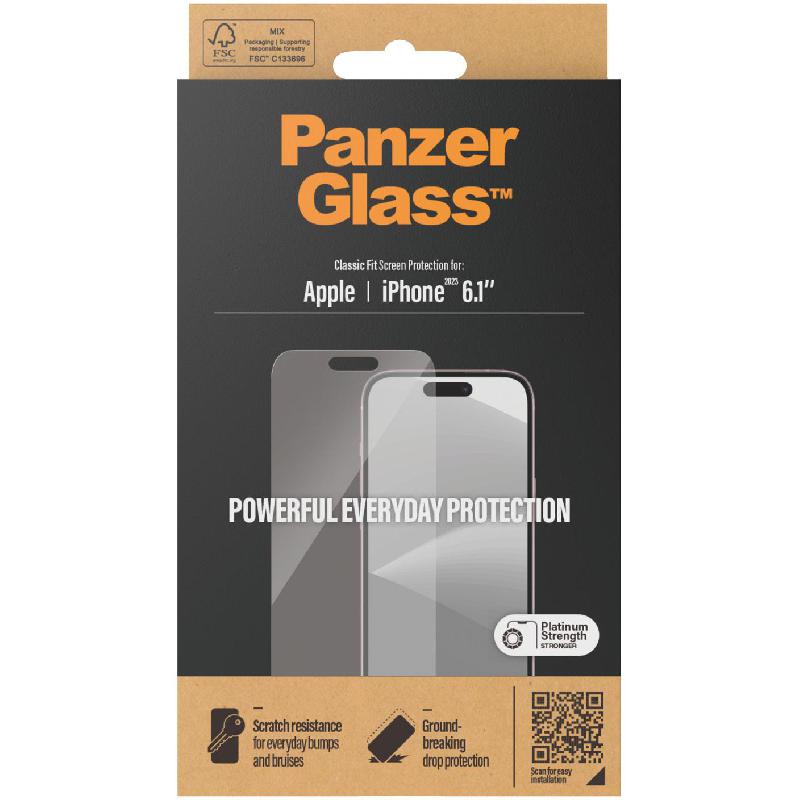 PanzerGlass Classic Fit Tempered Glass, Clear Smartphone Screen Protector for iPhone 15