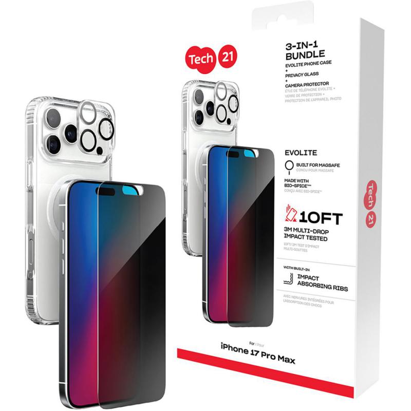Tech21 3-in-1 MagSafe Bundle Evo Clear MagSafe Case + Privacy Impact Glass + Camera Lens Protector Smartphone Case Bundle