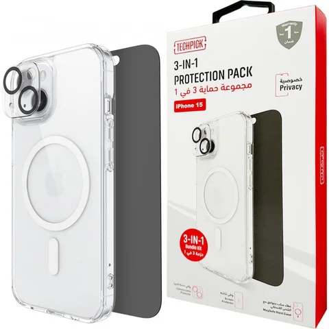 Techpick 3-in-1 Protection Pack MagSafe Hard Case + Privacy Tempered Glass + Camera Lens Protector Smartphone Case Bundle