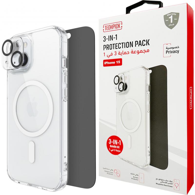 Techpick 3-in-1 Protection Pack MagSafe Hard Case + Privacy Tempered Glass + Camera Lens Protector Smartphone Case Bundle