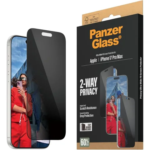 PanzerGlass Ultra-Wide Fit Tempered Glass, Privacy Smartphone Screen Protector iPhone 17 Pro Max