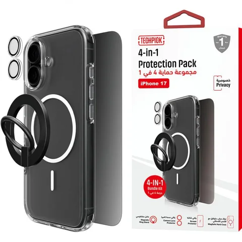 Techpick 4-in-1 Protection Clear Case + Privacy Tempered Glass + Camera Lens Protector + Magnetic Stand Smartphone Case Bundle