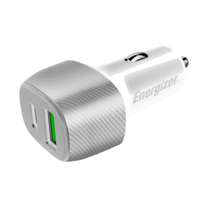 Energizer 38W Car Charger, 1 USB-C Port & 1 USB-A Port - White Silver