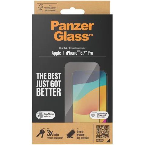 PanzerGlass Ultra-Wide Fit Tempered Glass, Clear Smartphone Screen Protector for iPhone 15 Pro Max