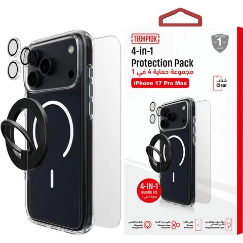Techpick 4-in-1 Protection MagSafe Hard Case + Tempered Glass + Camera Lens Protector + Magnetic Stand Smartphone Case Bundle