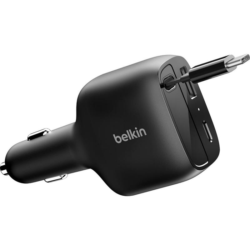 Belkin BoostCharge 75W Car Charger with Built-in Retractable USB-C Cable + USB-C and USB-A Ports