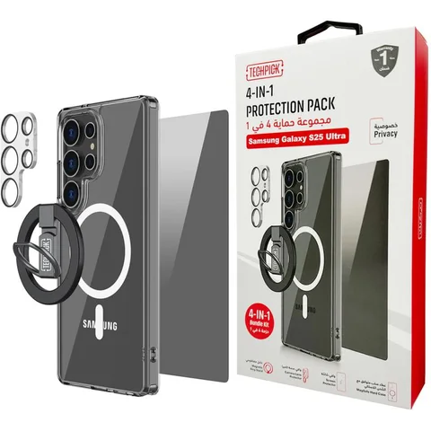 Techpick 4-in-1 Protection Pack MagSafe Case + Privacy Tempered Glass + Camera Lens Protector + Magnetic Stand Smartphone Case Bundle