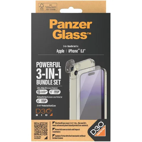PanzerGlass 3-in-1 Pack Hard Case with D3O Protection + Screen Protector + Camera Lens Protector Smartphone Case Bundle