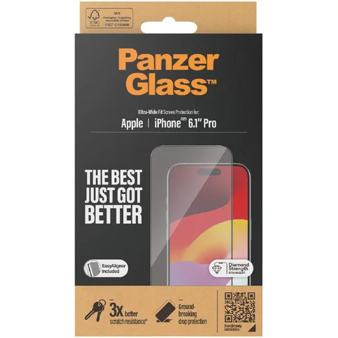 PanzerGlass Ultra-Wide Fit Tempered Glass, Clear Smartphone Screen Protector for iPhone 15 Pro