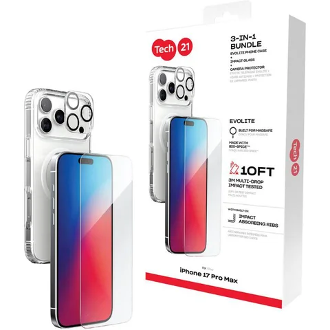 Tech21 3-in-1 MagSafe Bundle Evo Clear MagSafe Case + Impact Glass Screen Protector + Camera Lens Protector Smartphone Case Bundle