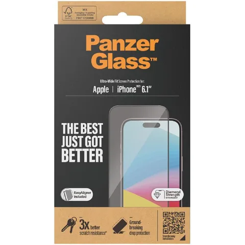 PanzerGlass Ultra-Wide Fit Tempered Glass, Clear Smartphone Screen Protector for iPhone 15