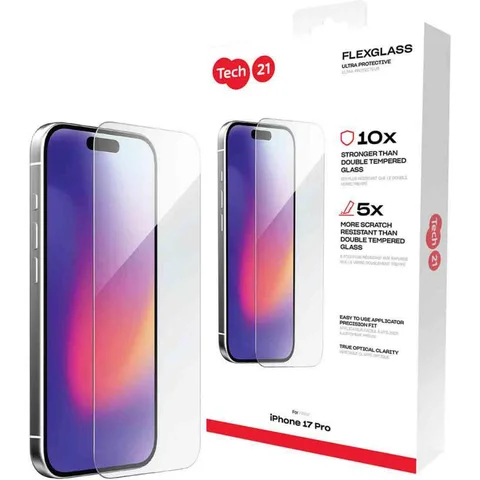Tech21 FlexGlass Tempered Glass, Clear Smartphone Screen Protector for iPhone 17 Pro