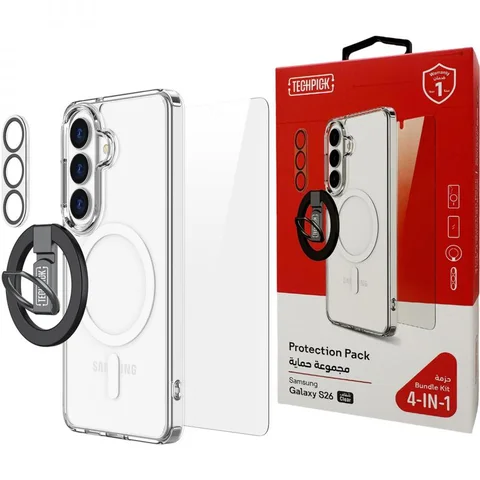 Techpick 4-in-1 Protection Pack MagSafe Hard Case + Tempered Glass + Camera Lens Protector + Magnetic Stand Smartphone Case Bundle