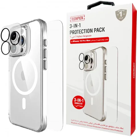 Techpick 3-in-1 Protection Pack MagSafe Hard Case + Tempered Glass + Camera Lens Protector Smartphone Case Bundle