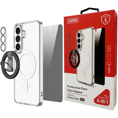 Techpick 4-in-1 Protection Pack MagSafe Case + Privacy Tempered Glass + Camera Lens Protector + Magnetic Stand Smartphone Case Bundle