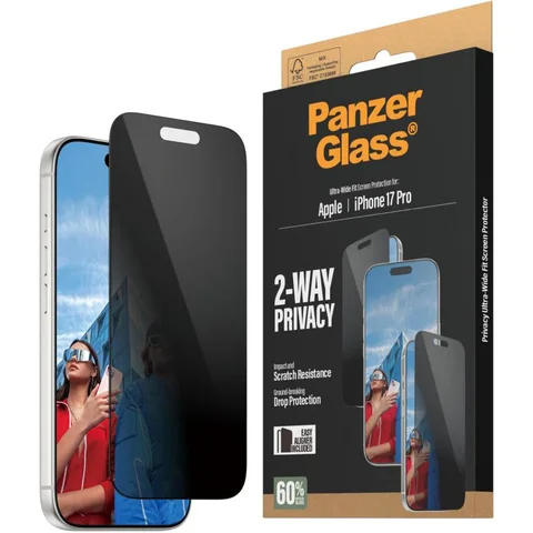 PanzerGlass Ultra-Wide Fit Tempered Glass, Privacy Smartphone Screen Protector for iPhone 17 Pro