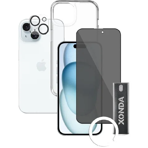 Xonda 4-in-1 Clear Case + Privacy Tempered Glass + Camera Lens + Anti-bacterial Spray Smartphone Case Bundle