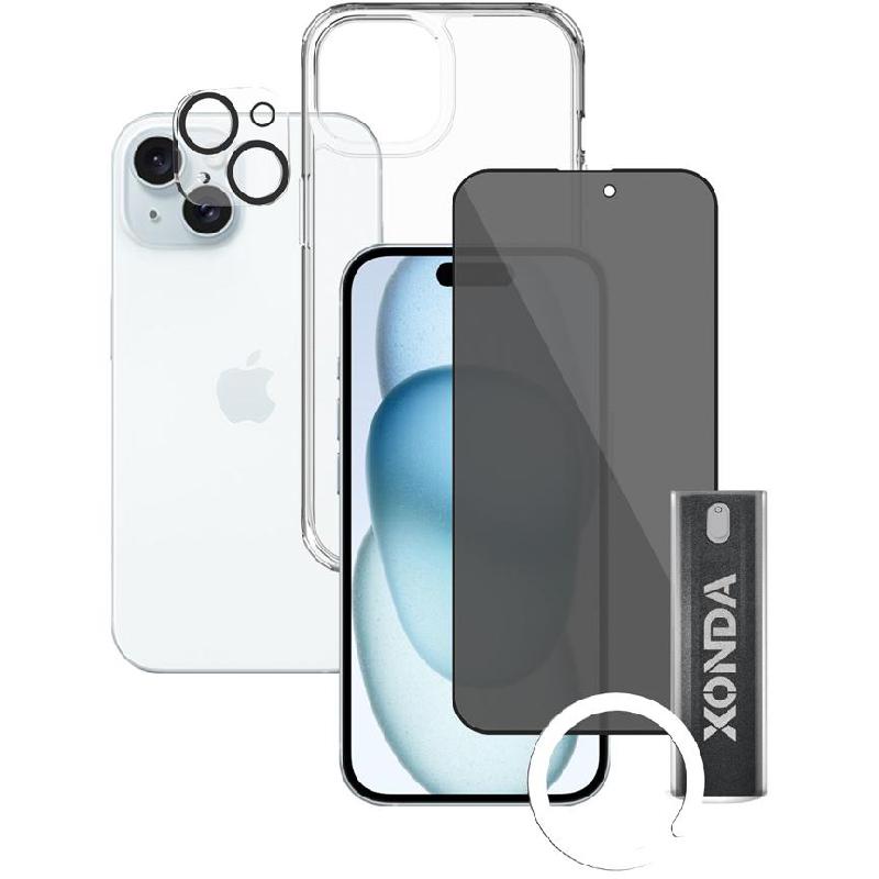 Xonda 4-in-1 Clear Case + Privacy Tempered Glass + Camera Lens + Anti-bacterial Spray Smartphone Case Bundle