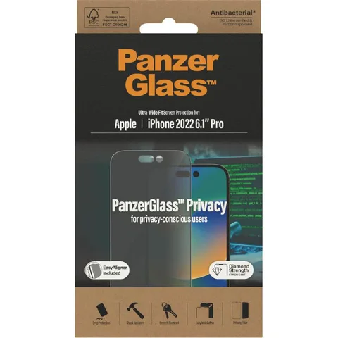 PanzerGlass Ultra-Wide Fit Tempered Glass, Privacy Smartphone Screen Protector for iPhone 14 Pro