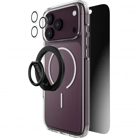 Techpick 4-in-1 Protection Clear Case + Privacy Tempered Glass + Camera Lens Protector + Magnetic Stand Smartphone Case Bundle