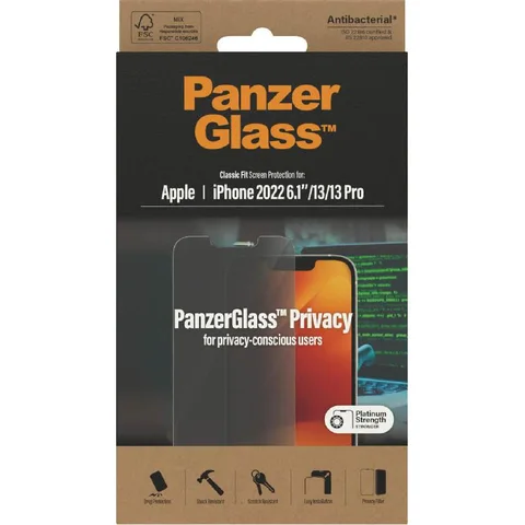PanzerGlass Classic Fit Tempered Glass, Privacy Smartphone Screen Protector for iPhone 14/iPhone 13/iPhone 13 Pro