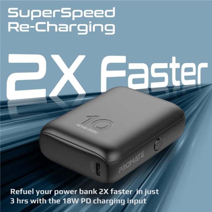 Promate USB-C Power Bank, World’s Smallest 10000mAh Portable Charger With 20W USB-C Power QC 3.0 22.5W Port & Over-Heating Protection Acme PD20, Black - ACME-PD20.BLACK (UAE Delivery Only) — view 4