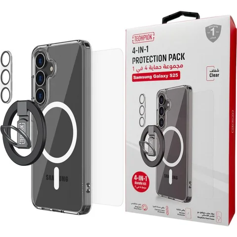 Techpick 4-in-1 Protection Pack MagSafe Hard Case + Tempered Glass + Camera Lens Protector + Magnetic Stand Smartphone Case Bundle