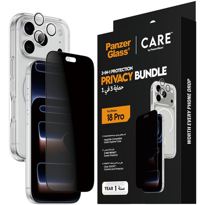 PanzerGlass 3-in-1 Pack Urban Explorer MagSafe Case, Privacy UWF Screen Protector, Hoops Camera Lens Smartphone Case Bundle