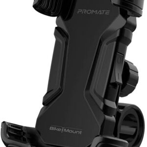 Promate Motorcycle Phone Holder, Adjustable 360 Degree Rotation Bike Phone Mount with Secure Quick-Clamp, Silicone Slip-Proof Grip, Quick Locking System and Reduced Vibration, BikeMount Black