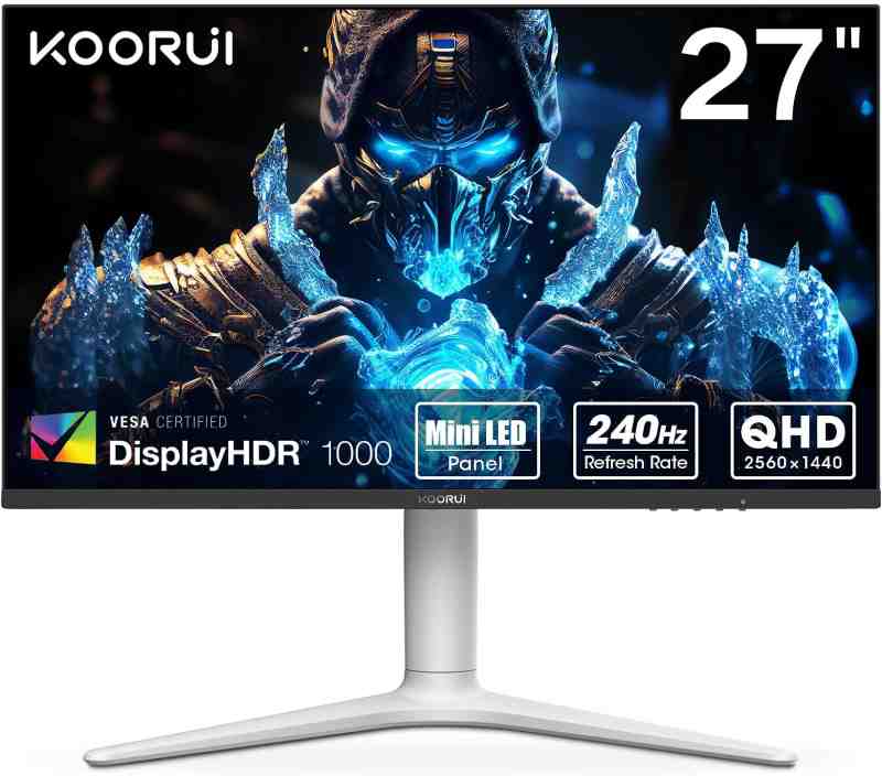 Koorui Gaming Monitor 27 inch VA mini-LED, QHD 2560 x 1440, Display 240Hz, Tilt Pivot Swivel Height Adjustable HDMI, DisplayPort, Grey – 27GN10