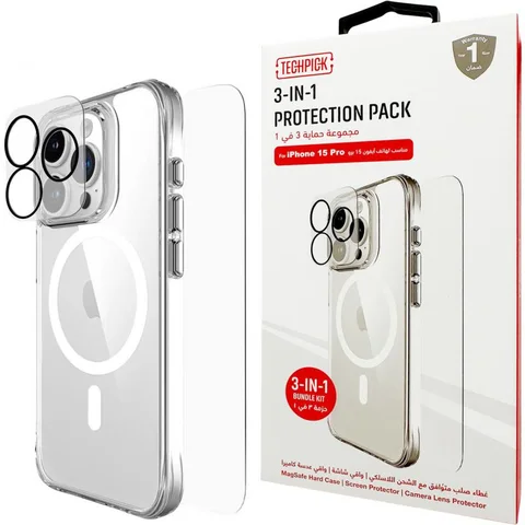 Techpick 3-in-1 Protection Pack MagSafe Hard Case + Tempered Glass + Camera Lens Protector Smartphone Case Bundle