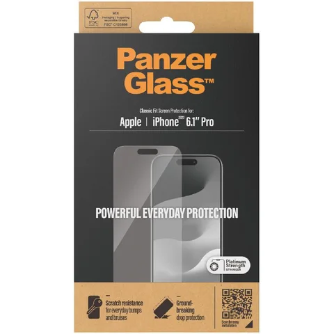 PanzerGlass Classic Fit Tempered Glass, Clear Smartphone Screen Protector for iPhone 15 Pro