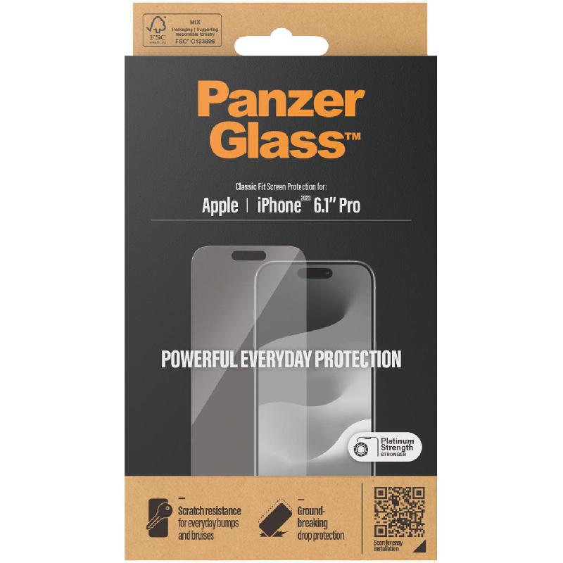PanzerGlass Classic Fit Tempered Glass, Clear Smartphone Screen Protector for iPhone 15 Pro