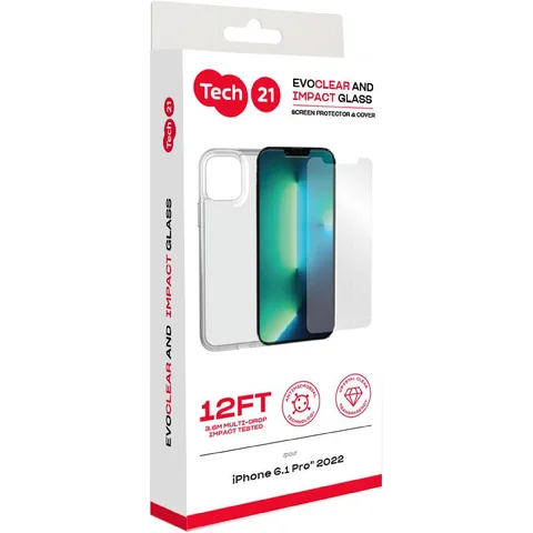 Tech21 Premium Protection Pack EvoClear Case + Impact Glass Screen Protector Smartphone Case Bundle