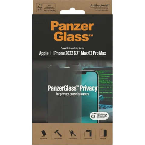PanzerGlass Classic Fit Tempered Glass, Privacy Smartphone Screen Protector for iPhone 14 Plus/iPhone 13 Pro Max