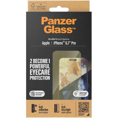 PanzerGlass Ultra-Wide Fit Tempered Glass, Anti-reflective, Anti-bluelight Smartphone Screen Protector for iPhone 15 Pro Max