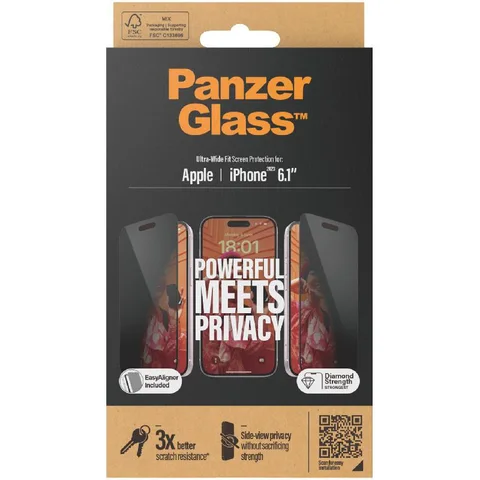 PanzerGlass Ultra-Wide Fit Tempered Glass, Privacy Smartphone Screen Protector for iPhone 15