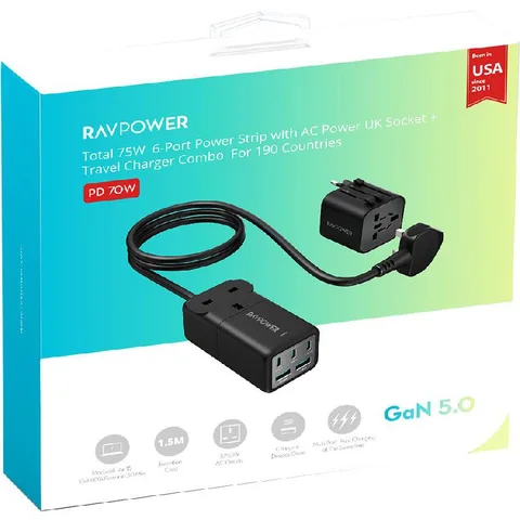RAVPower 5-Port Desktop Charger with AC Power Socket and Travel Adapter