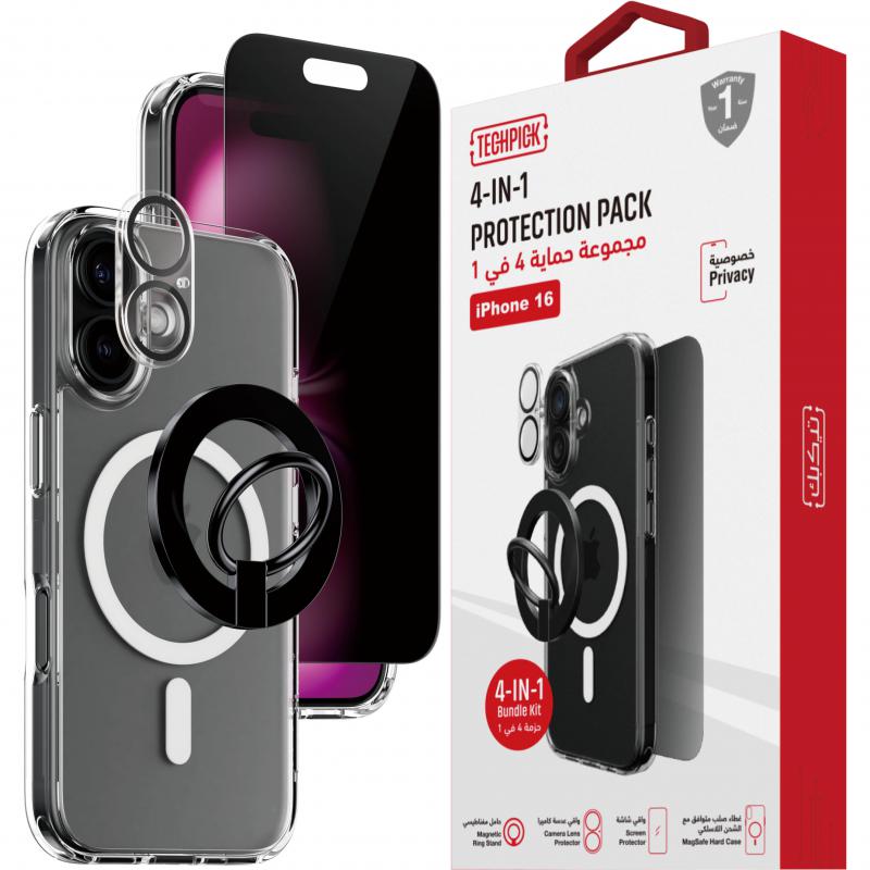 Techpick 4-in-1 Protection Pack Clear Case + Privacy Tempered Glass + Camera Lens Protector + Magnetic Stand Smartphone Case Bundle