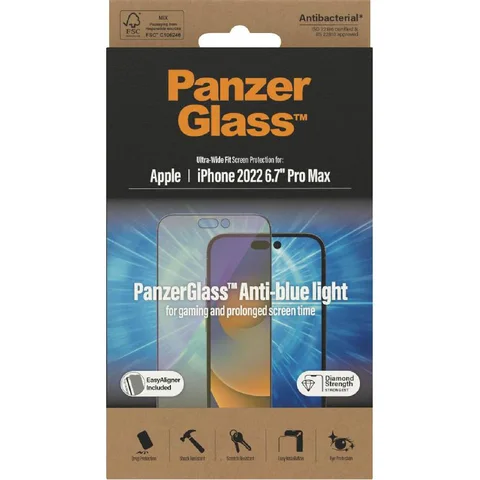 PanzerGlass Ultra-Wide Fit Tempered Glass, Anti-bluelight Smartphone Screen Protector for iPhone 14 Pro Max